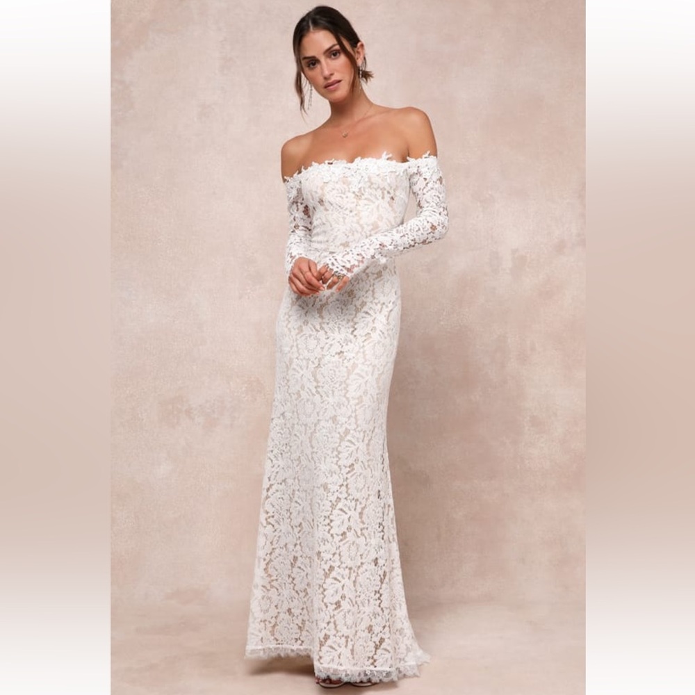 Lulu's Ivory Off-Shoulder Lace Bridal Gown